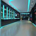 Modern Tech Exhibition Hall With Robots Car Models Blue Lighting And Glass Railings