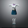 Classic School Uniform Outfit With White Shirt Purple Bow Blue Skirt White Stockings And Shoes