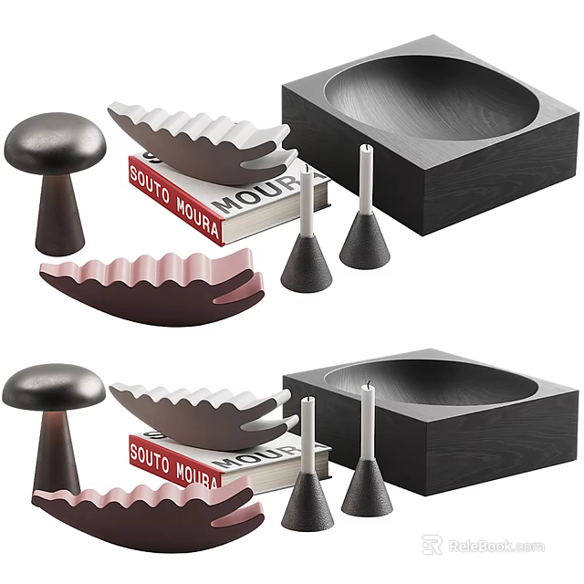Decorative Ornament Set With Mushroom Shaped Trays Books Conical Objects And Square Containers 3d model 