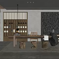 Japanese Tea Room Interior With Wooden Table Display Shelves And Stone Decor Elements