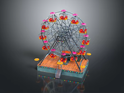 Colorful Ferris Wheel Model With Red Pink Cabins Metal Frame And Wooden Platform 3d model