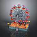 Colorful Ferris Wheel Model With Red Pink Cabins Metal Frame And Wooden Platform