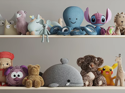 Cute Plush Stuffed Toys Collection With Varied Characters On Shelves 3d model