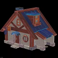 Small Cartoon House Model With Red And Blue Roof Round Window And Wooden Door Porch