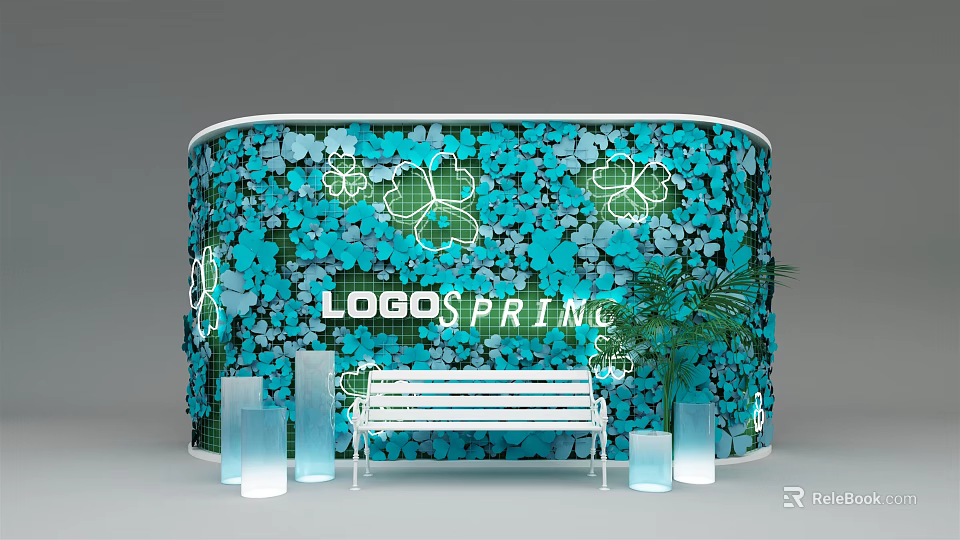 LOGO SPRING Brand Display Area With Teal Floral Patterned Curved Wall Bench And Plants 3d model 