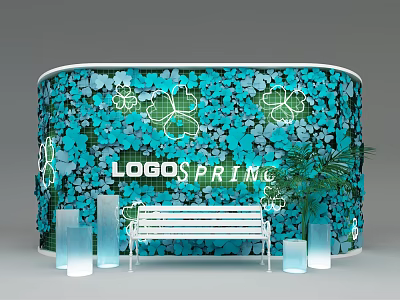 LOGO SPRING Brand Display Area With Teal Floral Patterned Curved Wall Bench And Plants 3d model