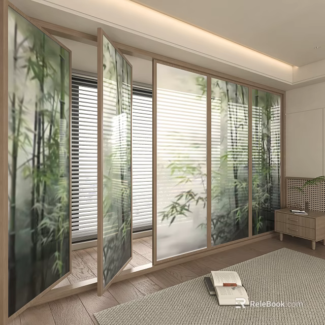 Bamboo Screen Enhances Modern Room Interior Design 3d model 