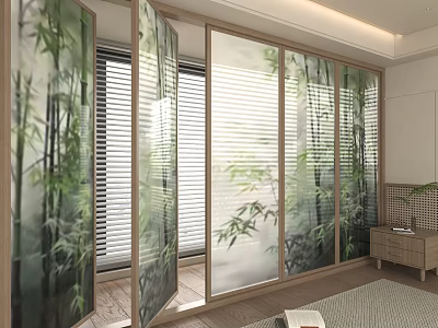 Bamboo Screen Enhances Modern Room Interior Design 3d model