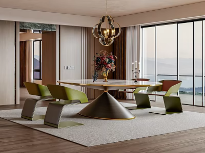 Elegant Restaurant Interior With Round Table Green Chairs Chandelier And Mountain View Through Large Windows 3d model