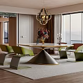 Elegant Restaurant Interior With Round Table Green Chairs Chandelier And Mountain View Through Large Windows