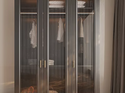 Elegant Modern Wardrobe With Glass Doors Metal Frame And Golden Handles Hanging Clothes 3d model
