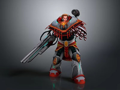 Game Movie Character In Armored Outfit With Large Weapon And Red Gold Details 3d model