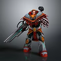 Game Movie Character In Armored Outfit With Large Weapon And Red Gold Details