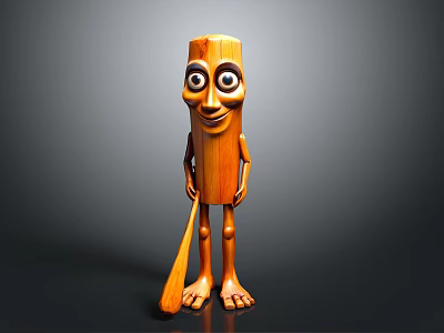 Wooden Cartoon Character With Smiling Face Big Eyes Arms Legs Holding Wooden Spoon 3d model
