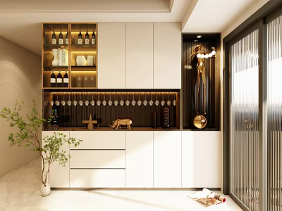 Elegant Modern Wine Cabinet Design With Glasses Bottles And Decorative Ornaments 3d model