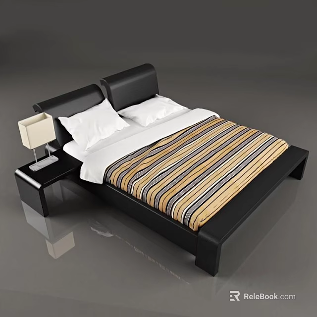 Modern Double Bed With Black Headboard Striped Bedspread And Nightstand Table Lamp 3d model 