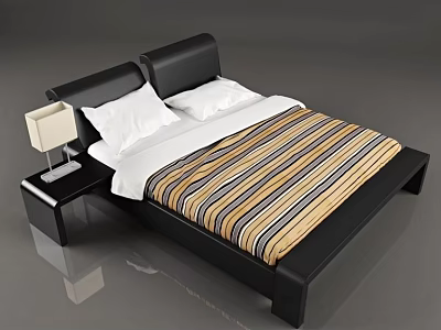 Modern Double Bed With Black Headboard Striped Bedspread And Nightstand Table Lamp 3d model
