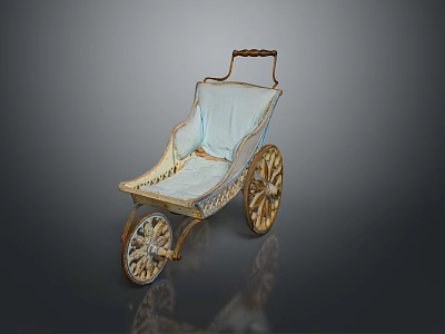 Vintage Baby Carriage With Gold Ornate Wheels And Light Blue Cushion 3d model