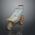 Vintage Baby Carriage With Gold Ornate Wheels And Light Blue Cushion