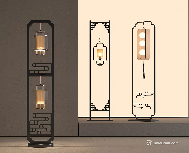 Modern Chinese Style Floor Lamp With Cloud Pattern Black Frame And Lantern Shade 3d model