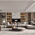 Elegant Modern Dining Living Room Interior With Golden Pendant Lights Wooden Shelves And Dining Table