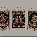 Three Decorative Wall Hangings With Dancing Figures Pink Flowers And Colorful Tassels
