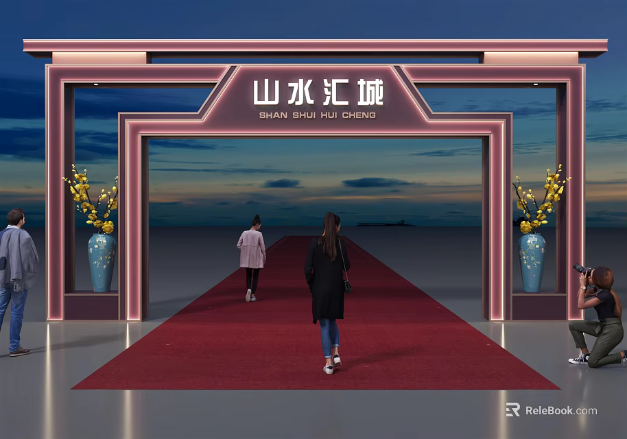 Shanshui Huicheng Archway With Red Carpet Vases Flowers And People Walking Under Sky 3d model 