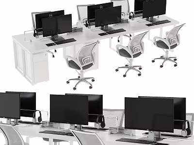 Modern Office Desk Workspace Setup With Multiple Monitors And Ergonomic Chairs 3d model