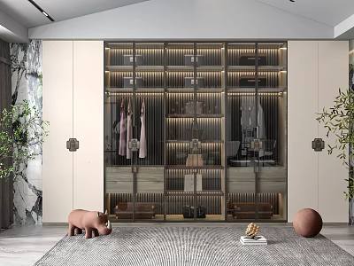 Modern Wardrobe Interior With Glass Doors Metal Frame And Decorative Storage Plants 3d model