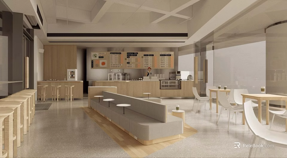 Modern Milk Tea Shop Interior Design With Open Counter Seating And Wooden Decor Elements 3d model 