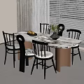 Modern Marble Top Dining Table Set With Black Chairs Vase And Fruit Platter