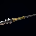 Decorative Ancient Spear With Golden Intricate Engravings And Metal Shaft Design