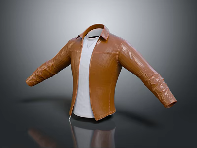 Stylish Brown Leather Jacket With White T-Shirt Long Sleeves And Collared Design 3d model
