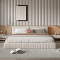 Modern Double Bed Interior With Upholstered Headboard Neutral Bedding And Textured Wall 3d model