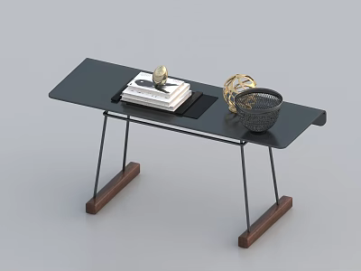 Modern Black Desk With Metal Legs Wooden Supports And Books Golden Decor Mesh Basket 3d model