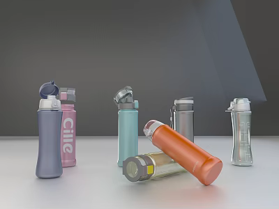 Different Colored Water Bottles With Flip Lids And Sleek Designs On 3d model