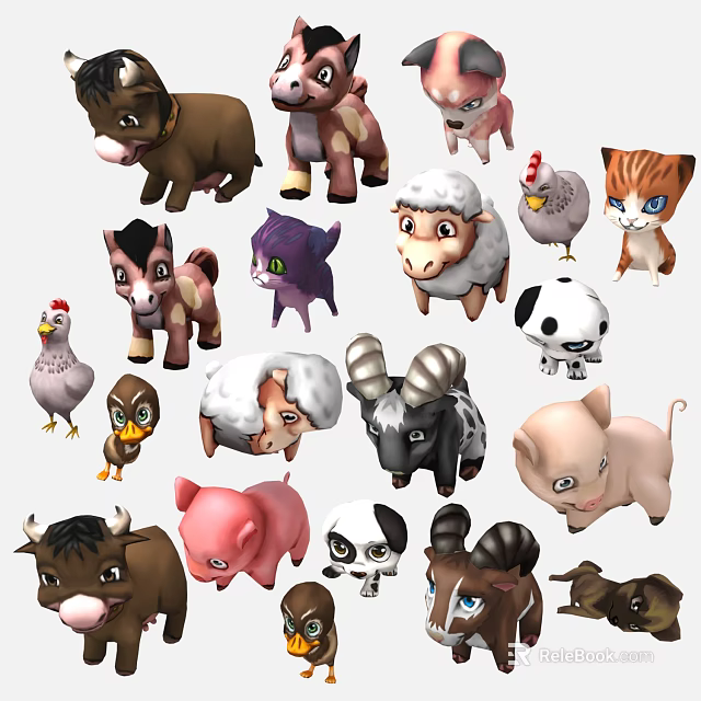 Cute Cartoon Style Stuffed Animal Toys Including Cow Pig Sheep Cat And Dog 3d model 