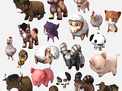 Cute Cartoon Style Stuffed Animal Toys Including Cow Pig Sheep Cat And Dog 3d model