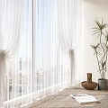 Sheer White Curtains Decorating Window With City View Plants Rug And Magazine