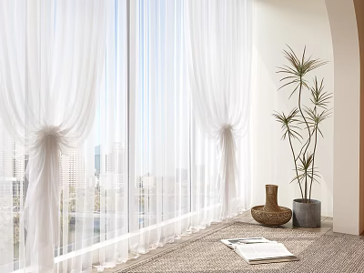 Sheer White Curtains Decorating Window With City View Plants Rug And Magazine 3d model