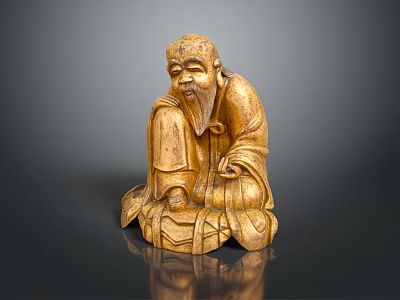 Traditional Old Man Wooden Statue In Sitting Posture With Beard And Detailed Robes 3d model