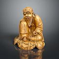 Traditional Old Man Wooden Statue In Sitting Posture With Beard And Detailed Robes