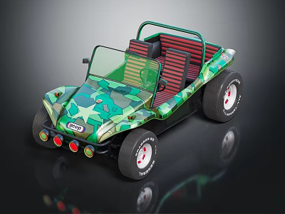 Green Camouflage Open Top Off Road Toy Car With Red Seats And Large Tires 3d model