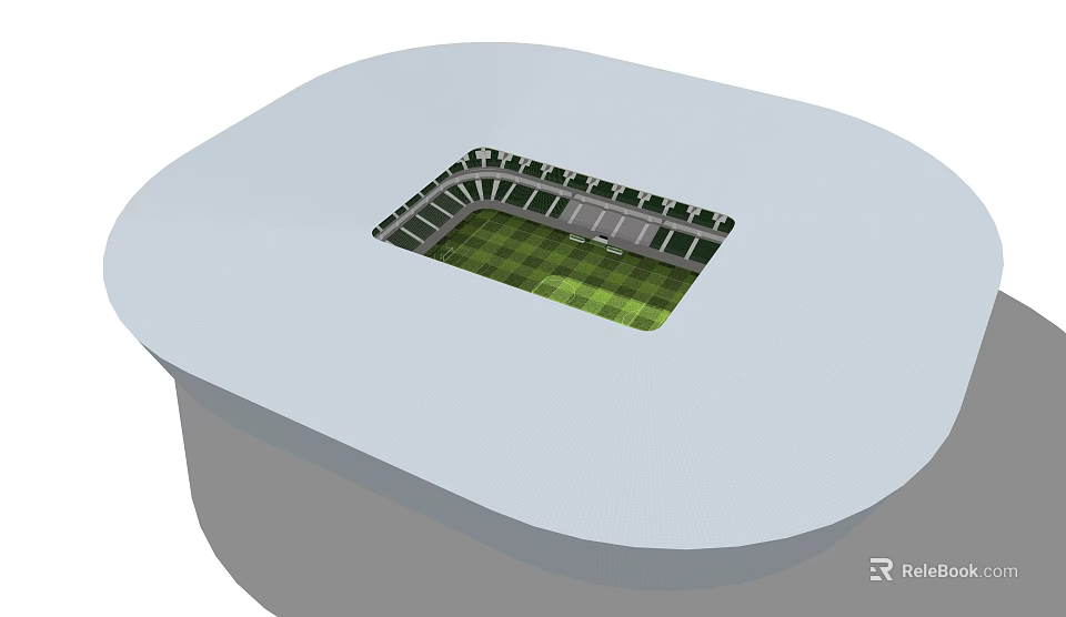 3D Model Of Modern Stadium With Oval Design Green Pitch And Seating Areas 3d model 