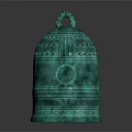 Ancient Bronze Bell With Turquoise Green Patina Intricate Carvings Circular Patterns And Ornate Handle