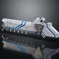 Futuristic Metallic Weapon Featuring Blue Accents Shiny Surface And Mechanical Gear Design