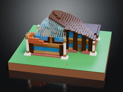 Cartoon Scene Of Colorful Block House With Brown Roof And Blue Windows On Green Base 3d model