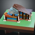 Cartoon Scene Of Colorful Block House With Brown Roof And Blue Windows On Green Base