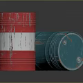 Red and Blue Weathered Drums Standing and Lying on Dark Surface