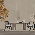 Minimalist Wooden Dining Table Set With Black Framed Chairs Orange Leaf Plant And Wall Art